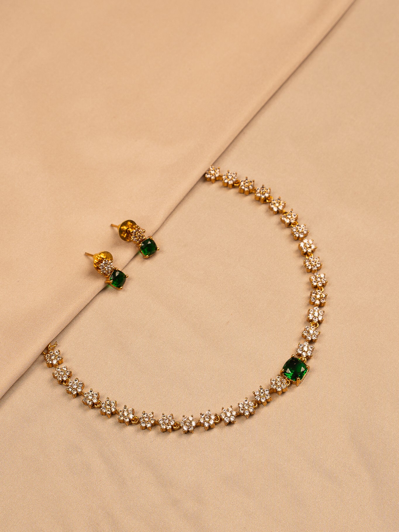 Elegant Floral CZ Necklace Set with Emerald Green Stones
