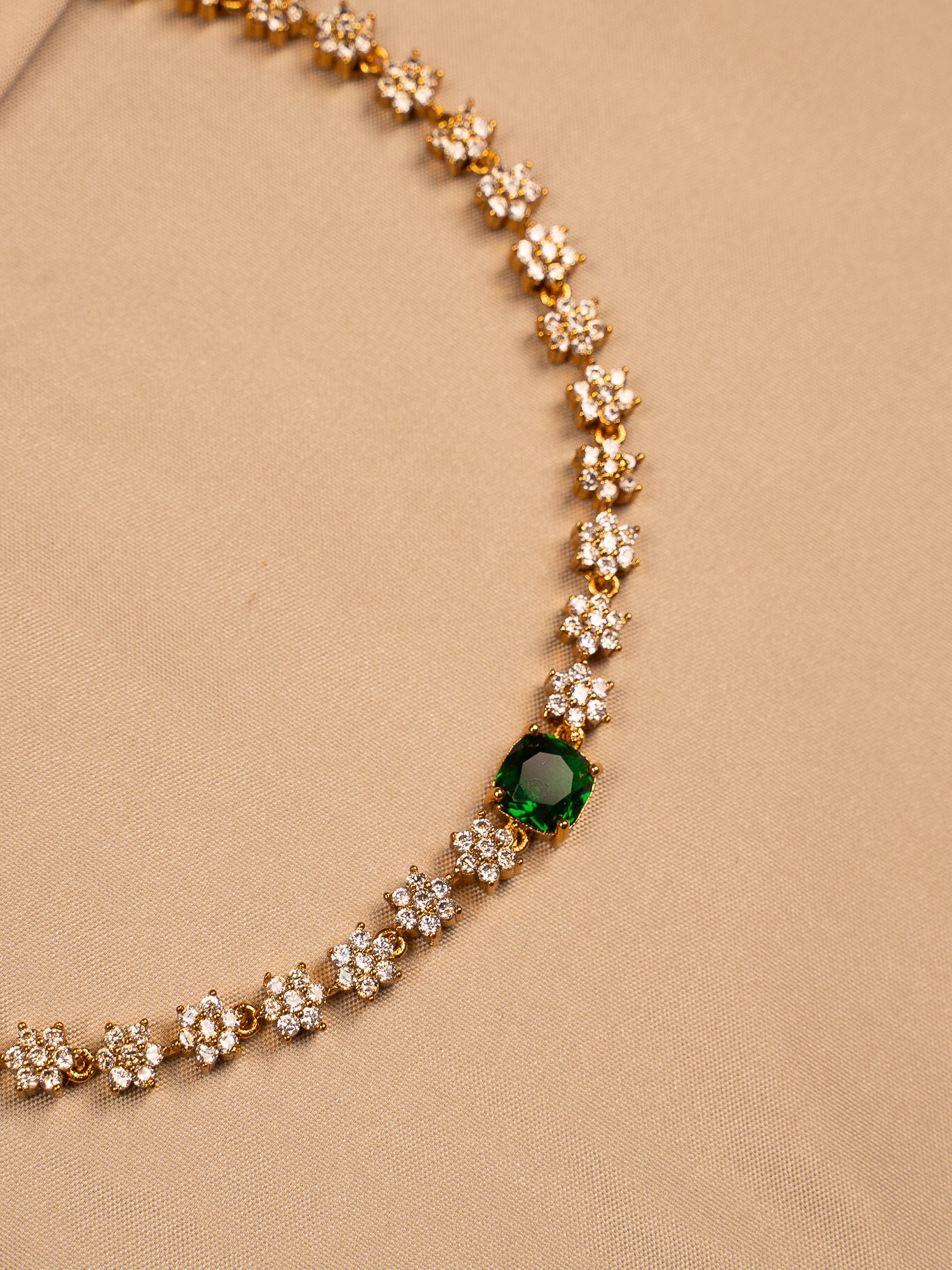 Elegant Floral CZ Necklace Set with Emerald Green Stones