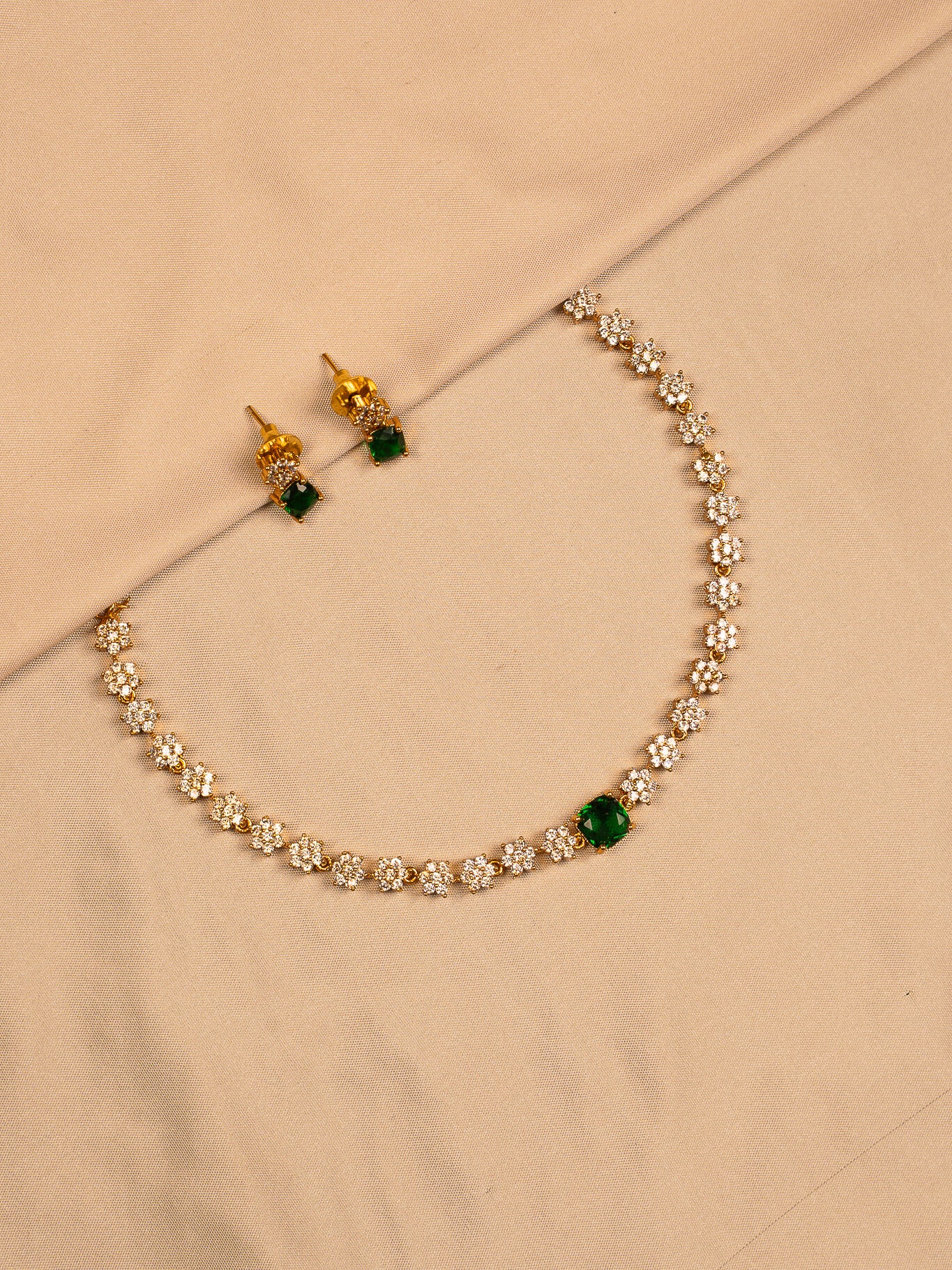Elegant Floral CZ Necklace Set with Emerald Green Stones