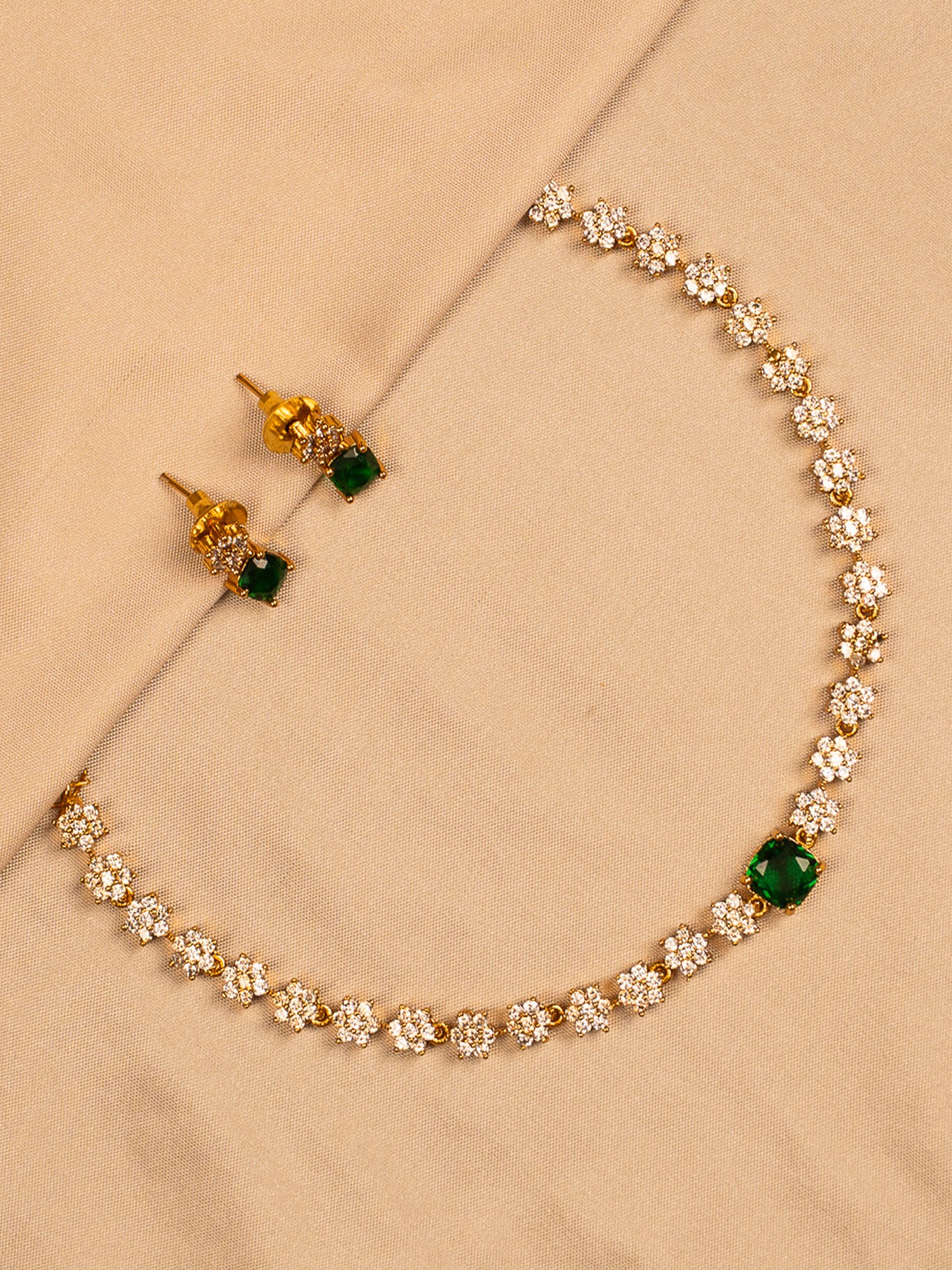 Elegant Floral CZ Necklace Set with Emerald Green Stones
