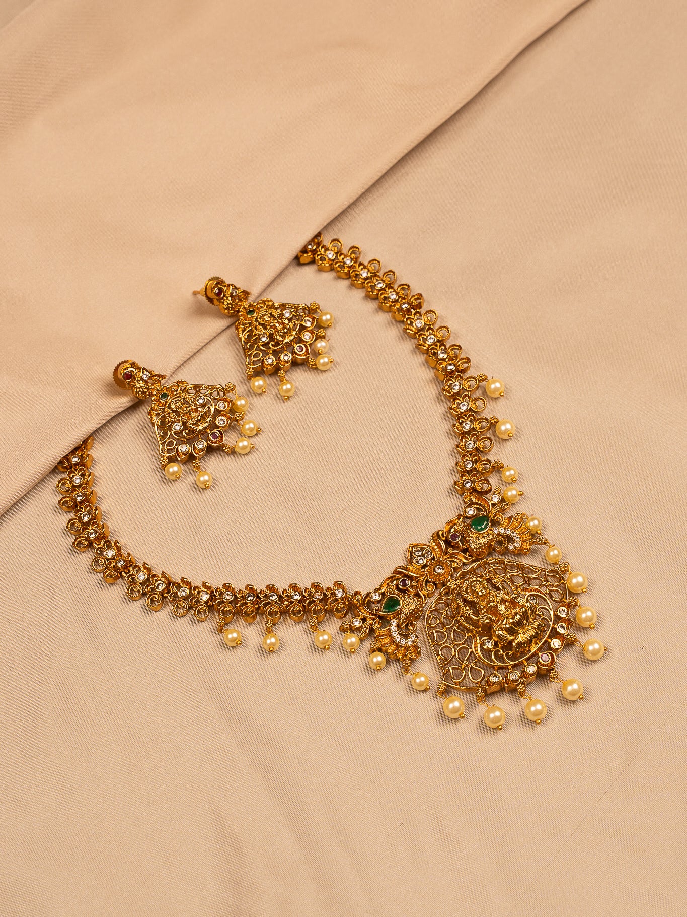Lakshmi Antique Gold Temple Necklace Set with Pearls and Earrings