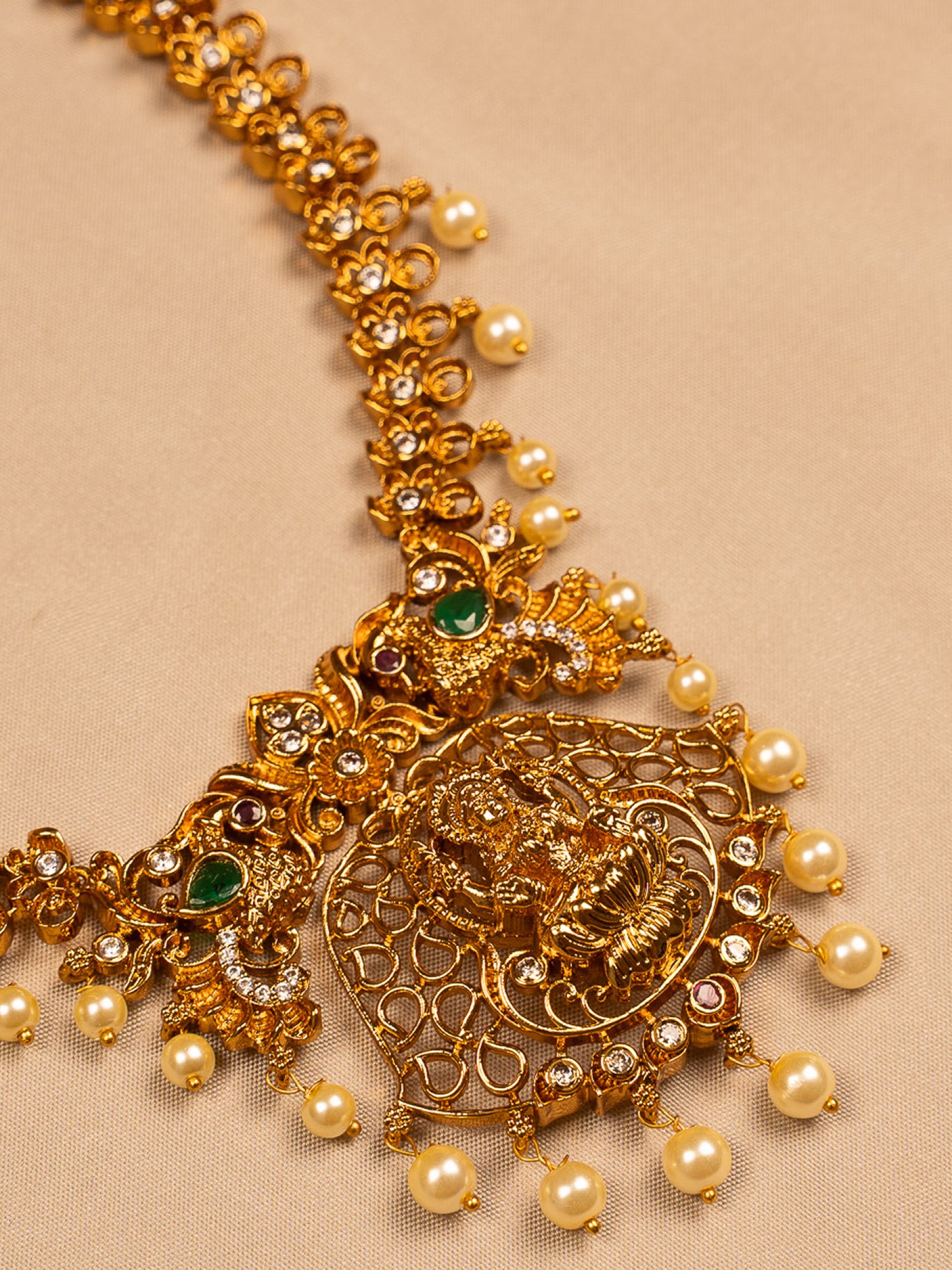 Lakshmi Antique Gold Temple Necklace Set with Pearls and Earrings