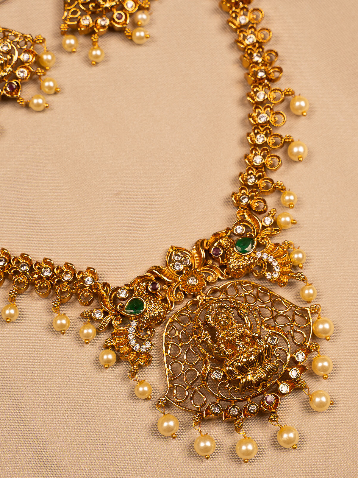 Lakshmi Antique Gold Temple Necklace Set with Pearls and Earrings