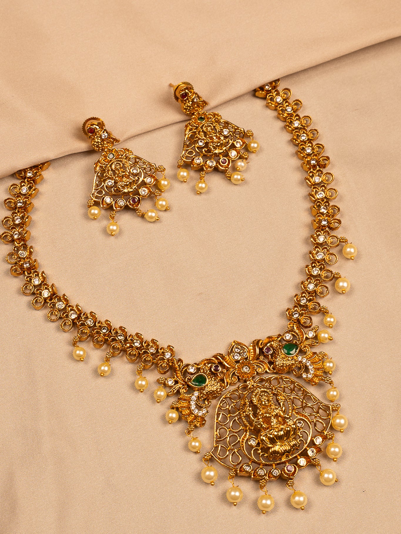 Lakshmi Antique Gold Temple Necklace Set with Pearls and Earrings