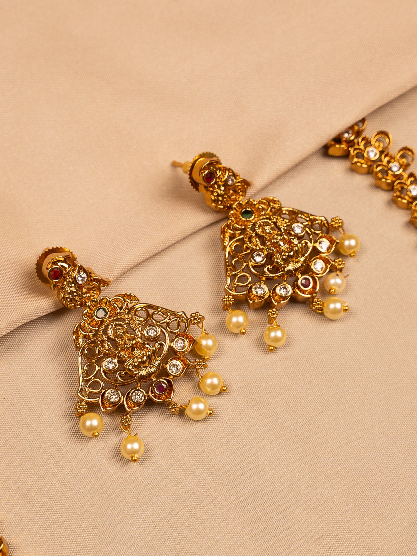 Lakshmi Antique Gold Temple Necklace Set with Pearls and Earrings