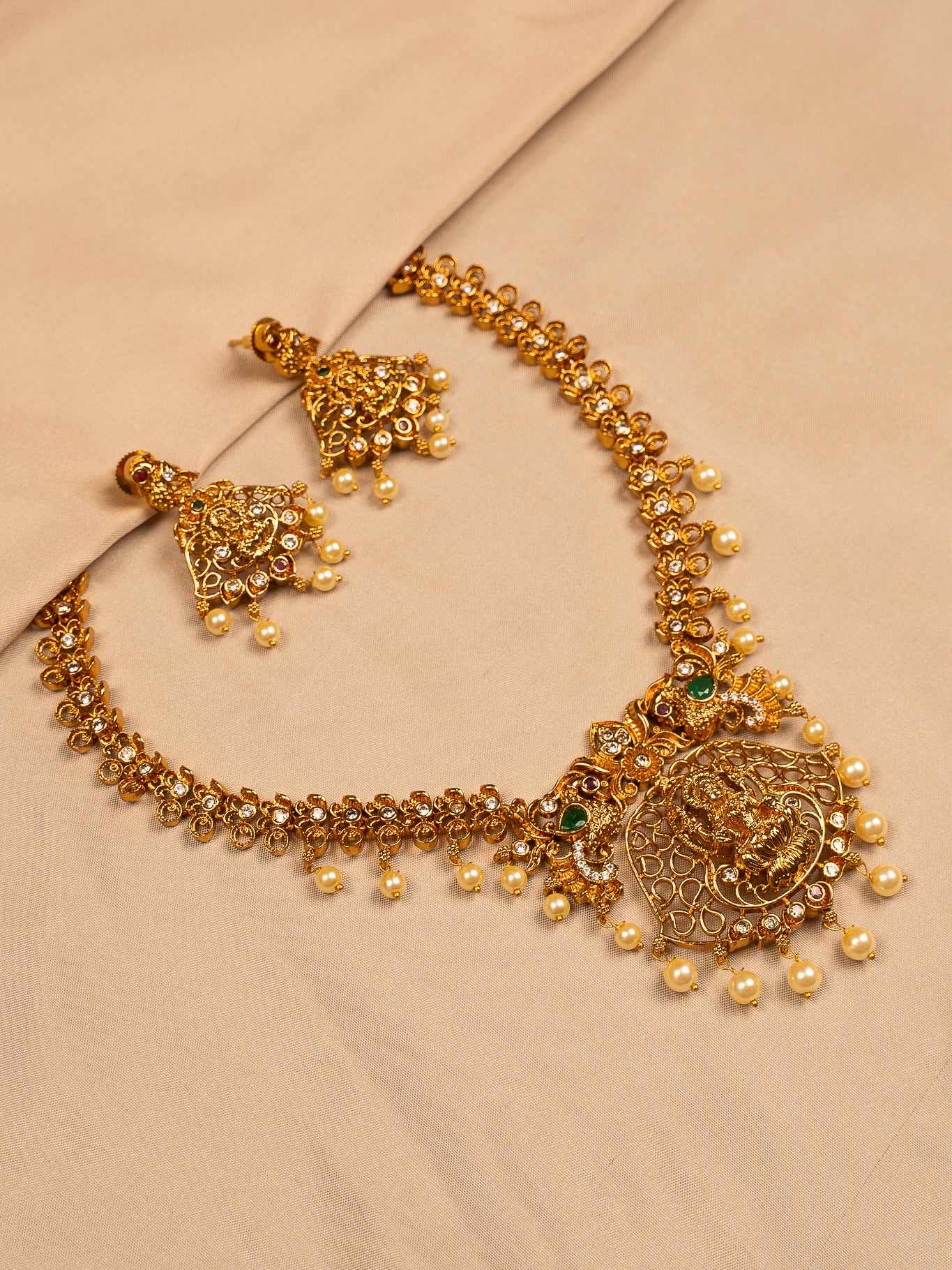 Lakshmi Antique Gold Temple Necklace Set with Pearls and Earrings