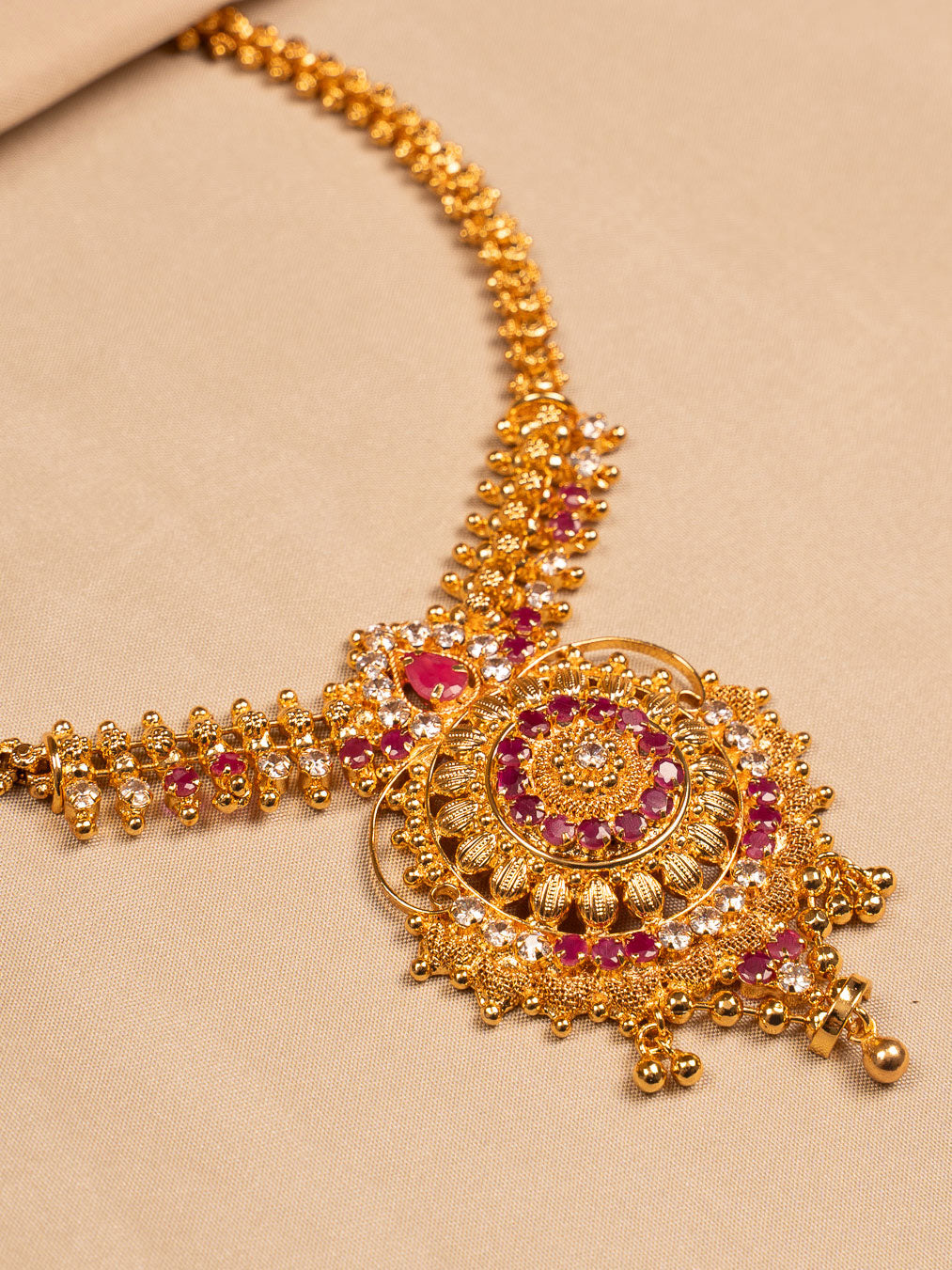 Royal Ruby-Studded Traditional Gold Necklace with Intricate Pendant