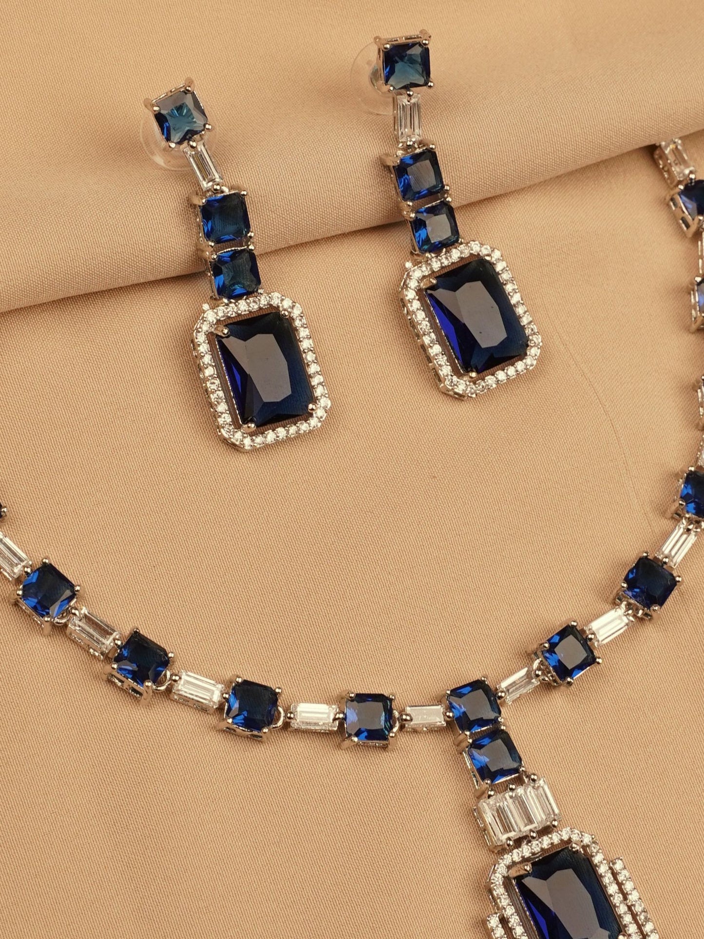 Silver-Plated Royal BlueStone Necklace Set with Earrings
