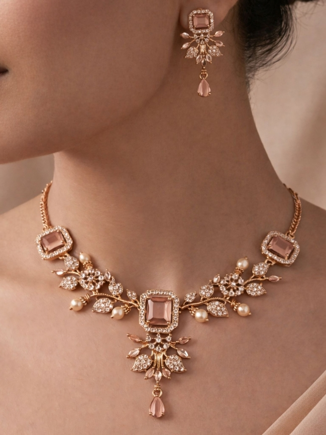 Black & White Stone Floral Necklace Set with Geometric Accents