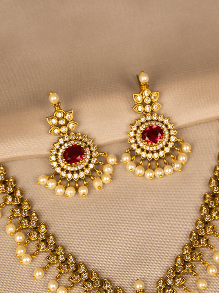 Ruby and White Bead Necklace Set – Elegant & Timeless KC590