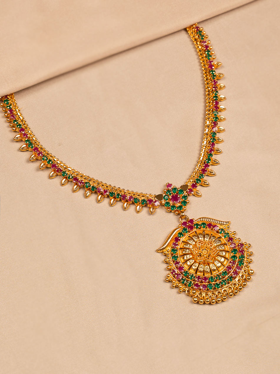 Traditional Mango Motif Necklace with Green & Red Stones