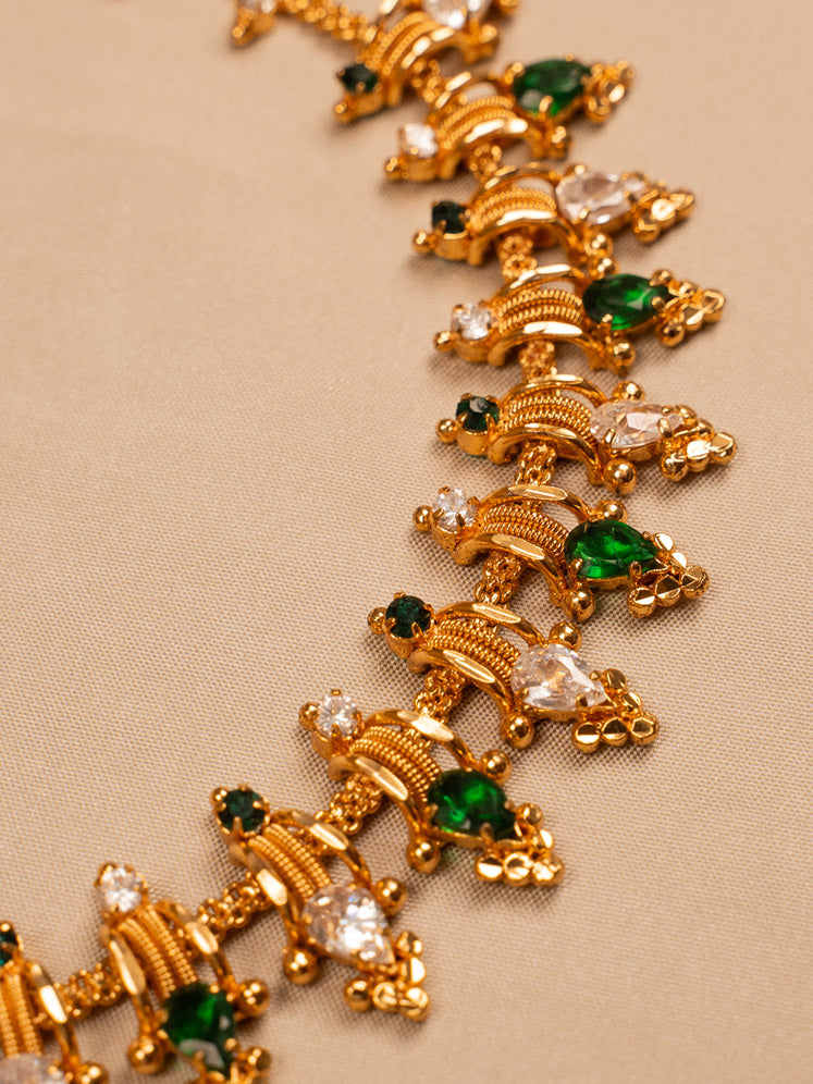 Traditional Gold-Plated Necklace with Green & White Stones – Ethnic Temple Jewellery