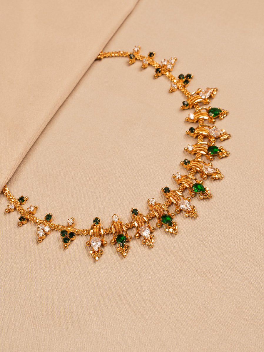 Traditional Gold-Plated Necklace with Green & White Stones – Ethnic Temple Jewellery