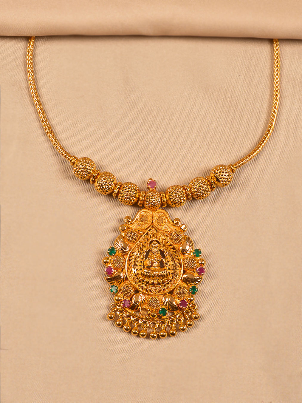 Lakshmi Motif Temple Necklace with Multicolour Stones