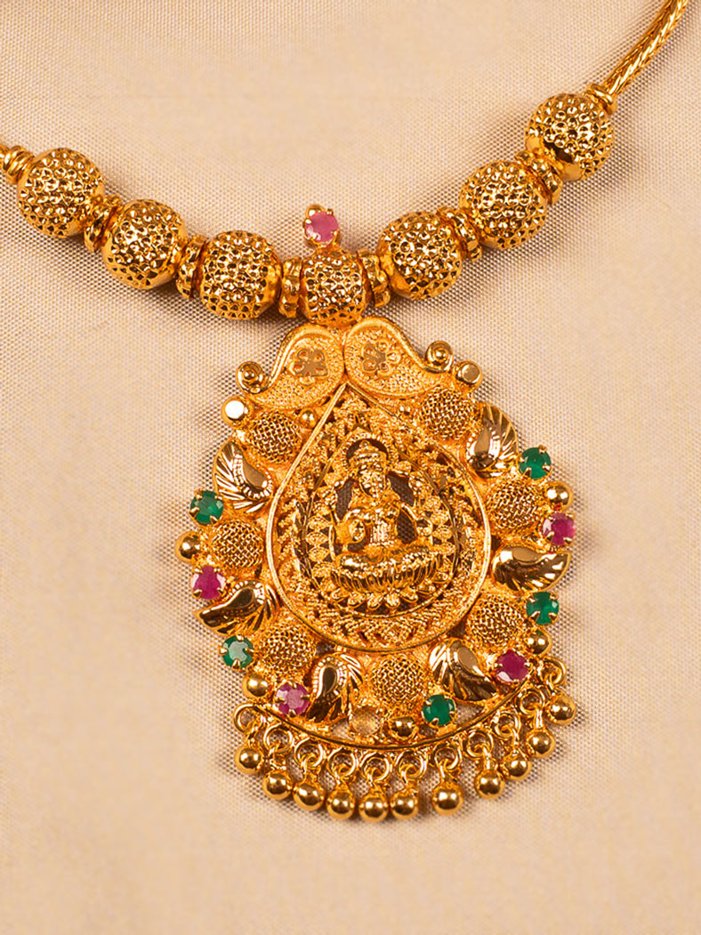 Lakshmi Motif Temple Necklace with Multicolour Stones