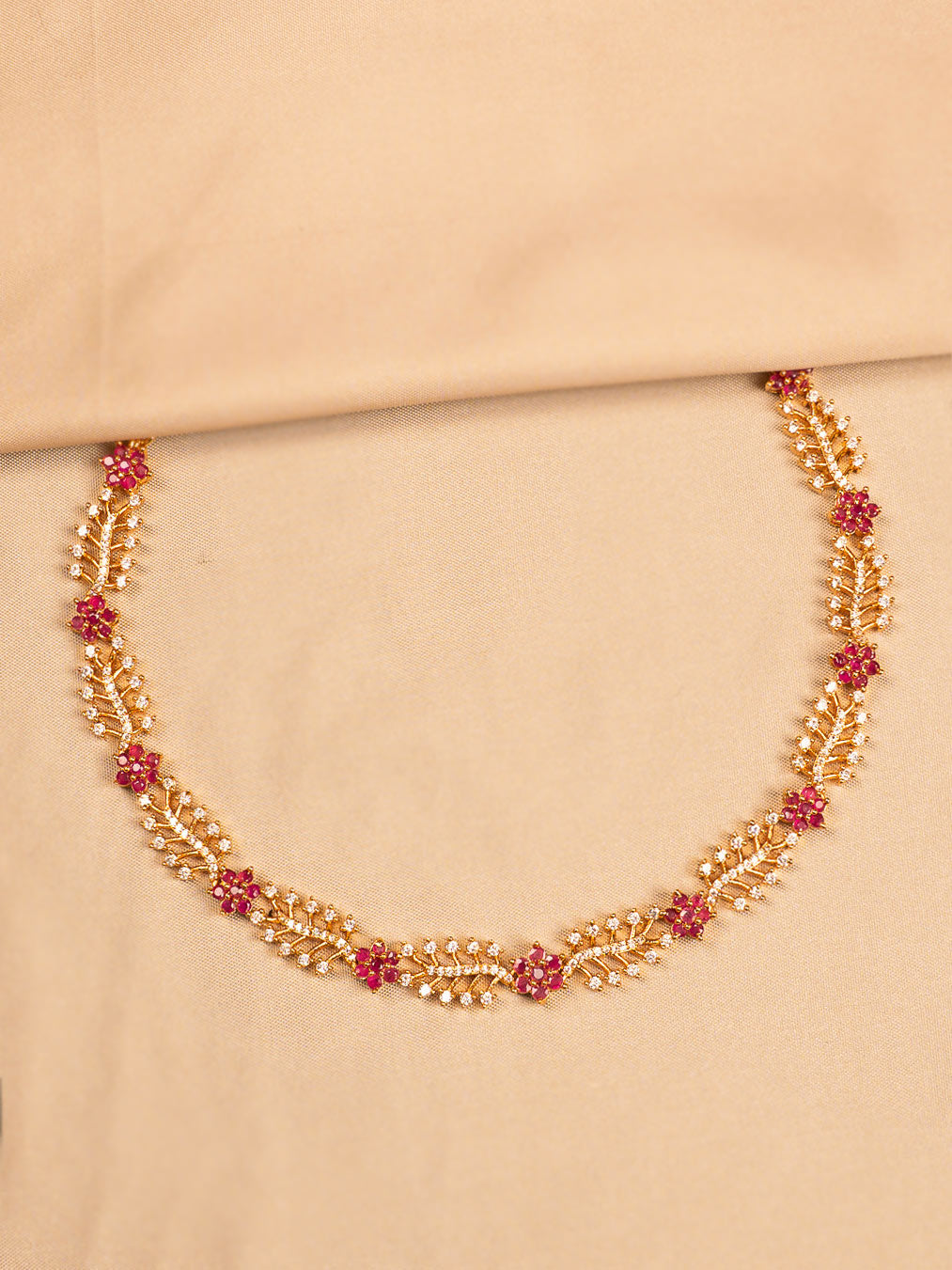 Leaf & Floral Choker Necklace with Red Stone Accents