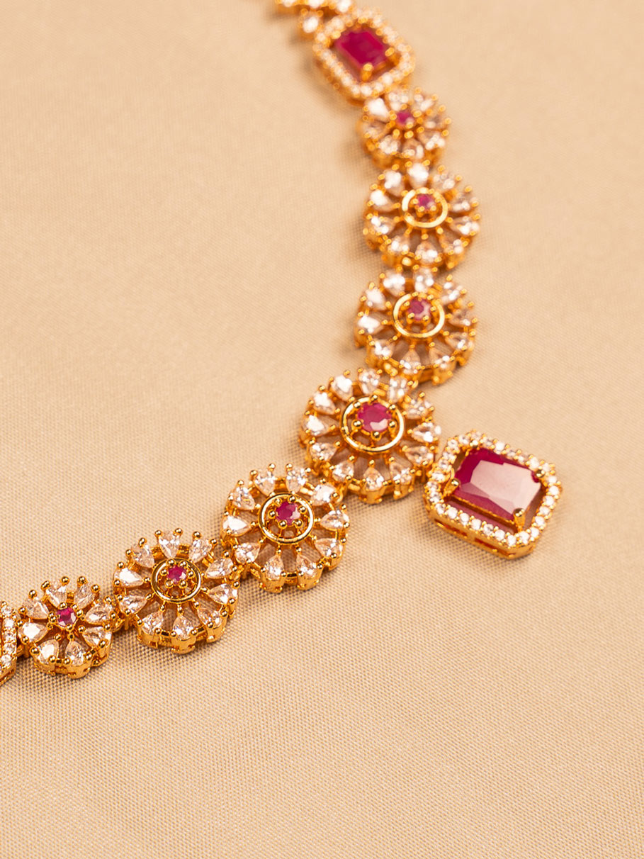 Gold-Toned Ruby Necklace for Women with Floral and Square-Cut Stone Design