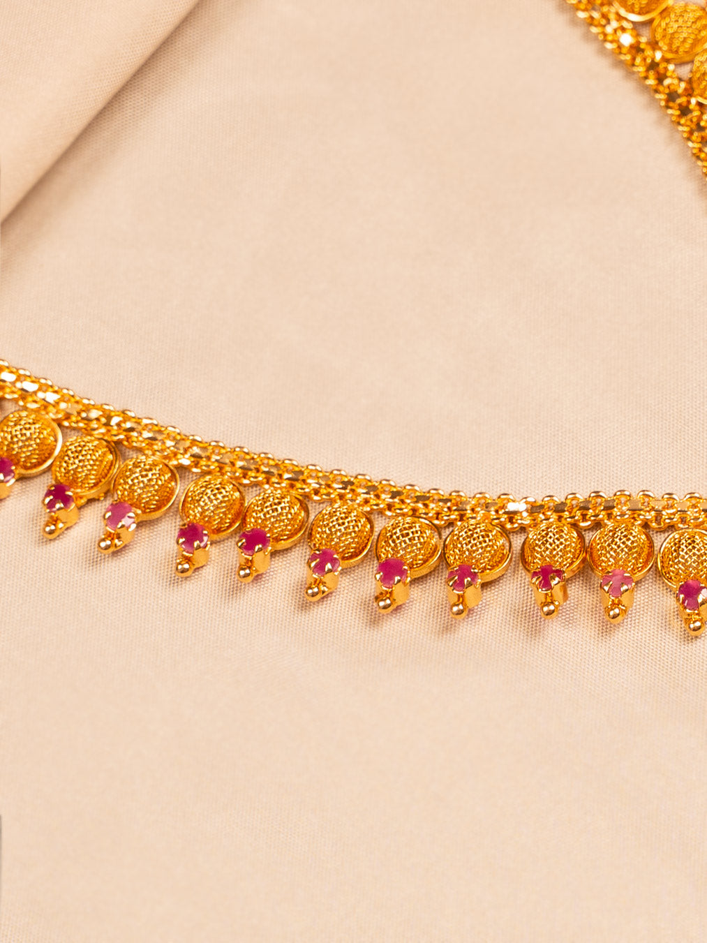 Temple-Style Red Stone Gold Necklace with Coin Motif for Women