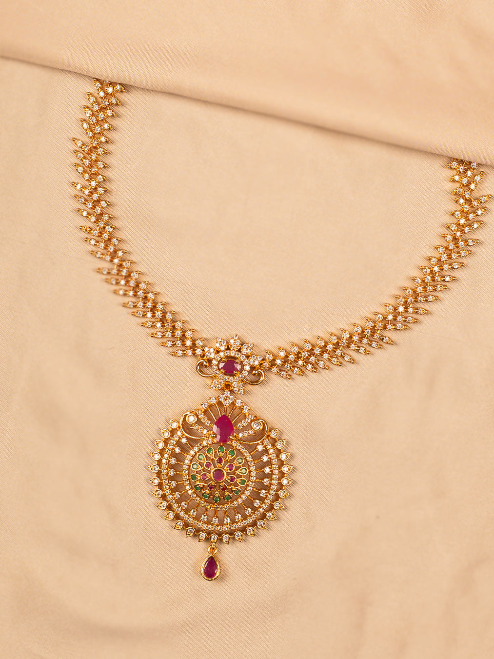 Bridal Temple Necklace with Ruby, Emerald & CZ Stones