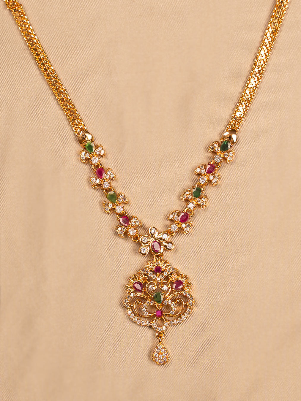 Multicolour Gold-Toned Necklace with Intricate Pendant for Women