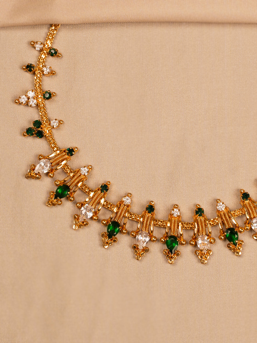 Traditional Gold-Plated Necklace with Green & White Stones – Ethnic Temple Jewellery