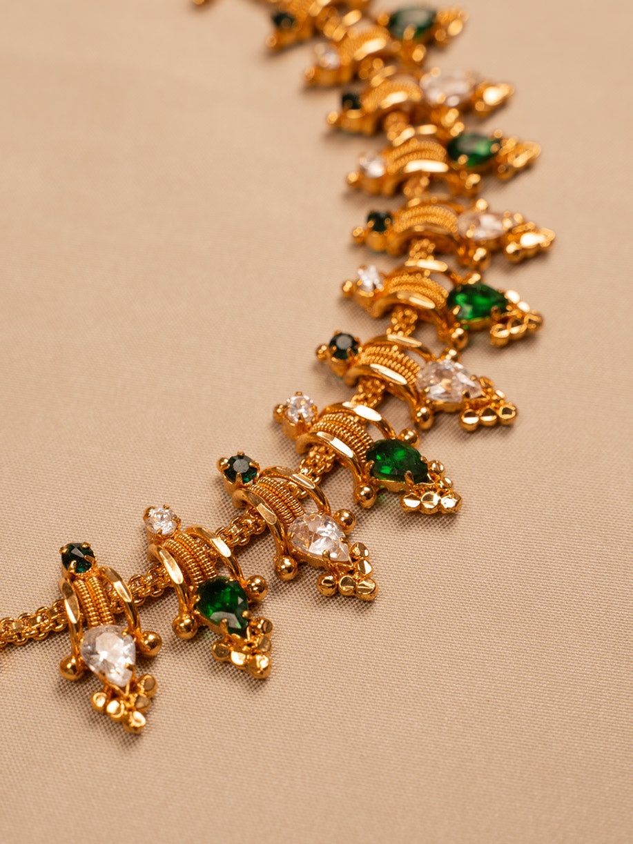Traditional Gold-Plated Necklace with Green & White Stones – Ethnic Temple Jewellery