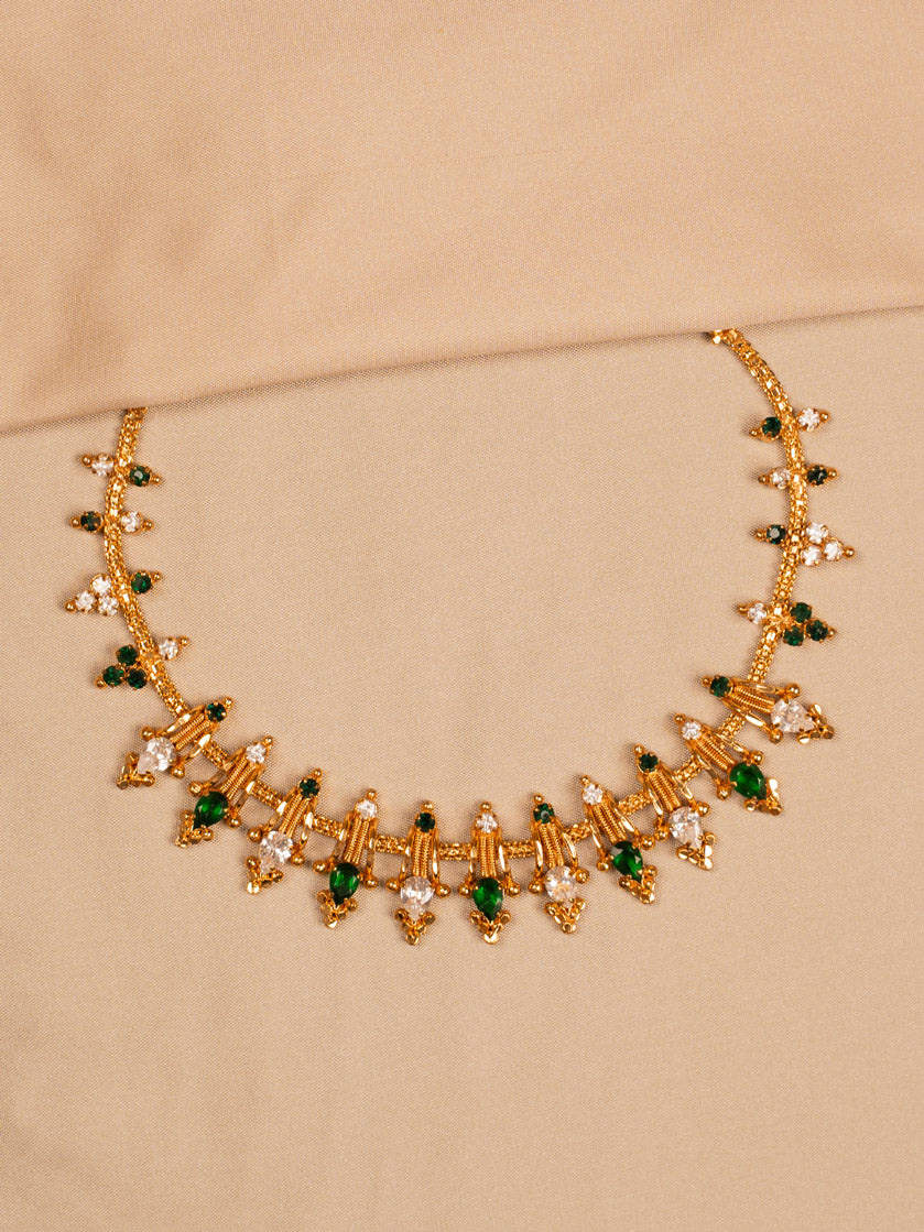 Traditional Gold-Plated Necklace with Green & White Stones – Ethnic Temple Jewellery