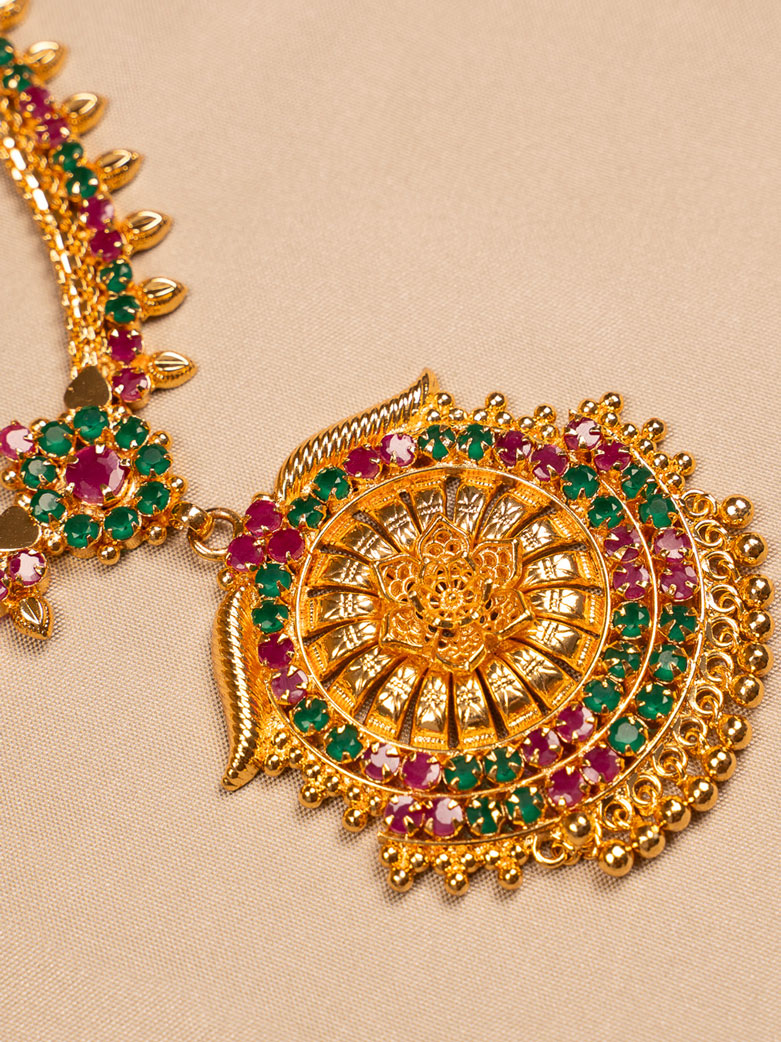 Traditional Mango Motif Necklace with Green & Red Stones