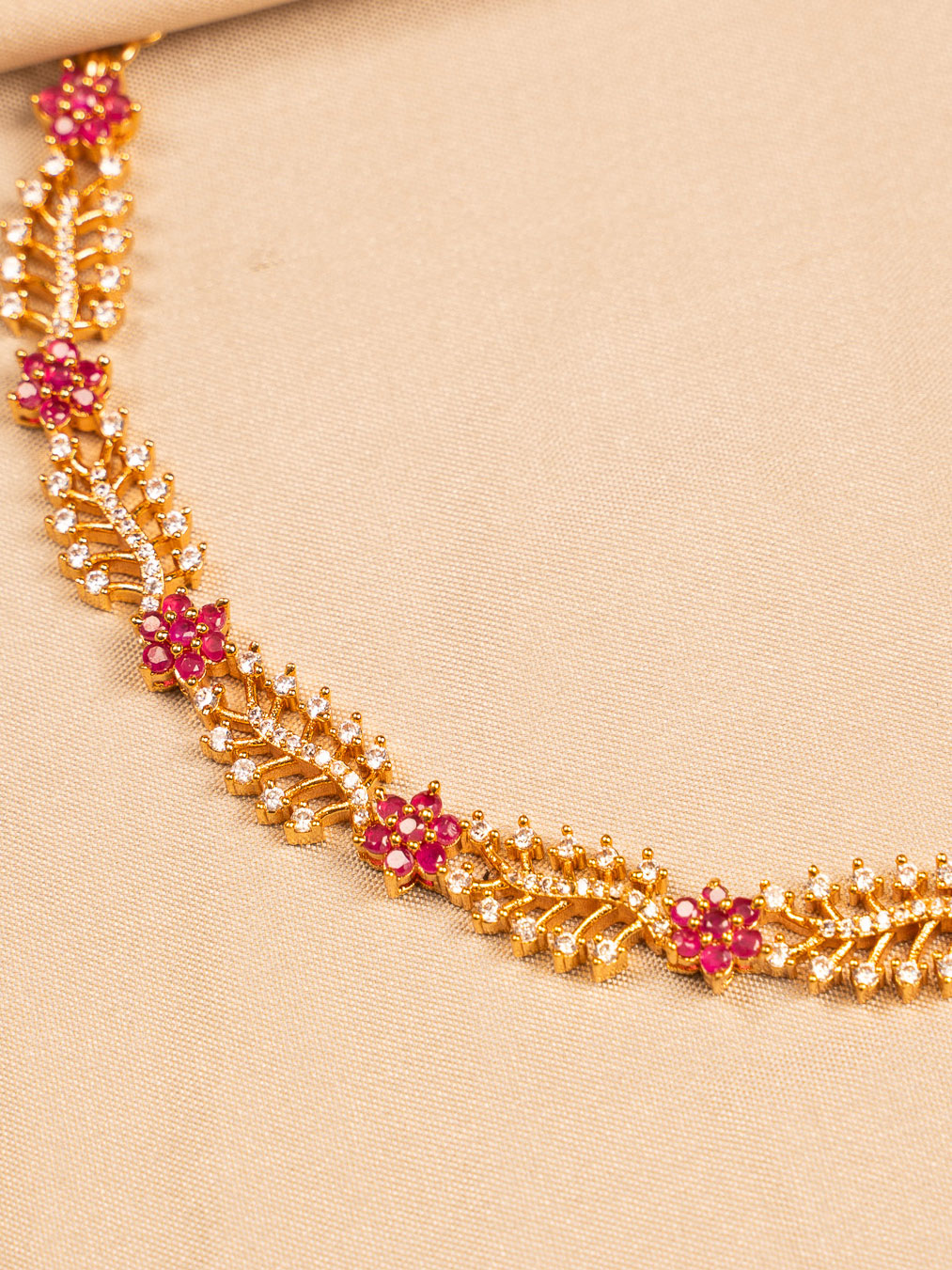 Leaf & Floral Choker Necklace with Red Stone Accents