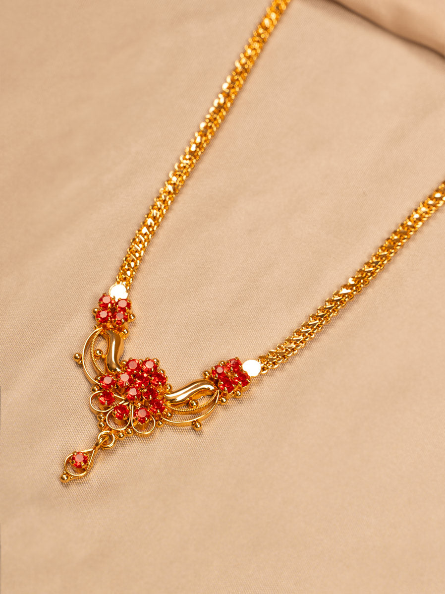 Red Stone Floral Pendant Necklace – Gold Plated Chain for Women