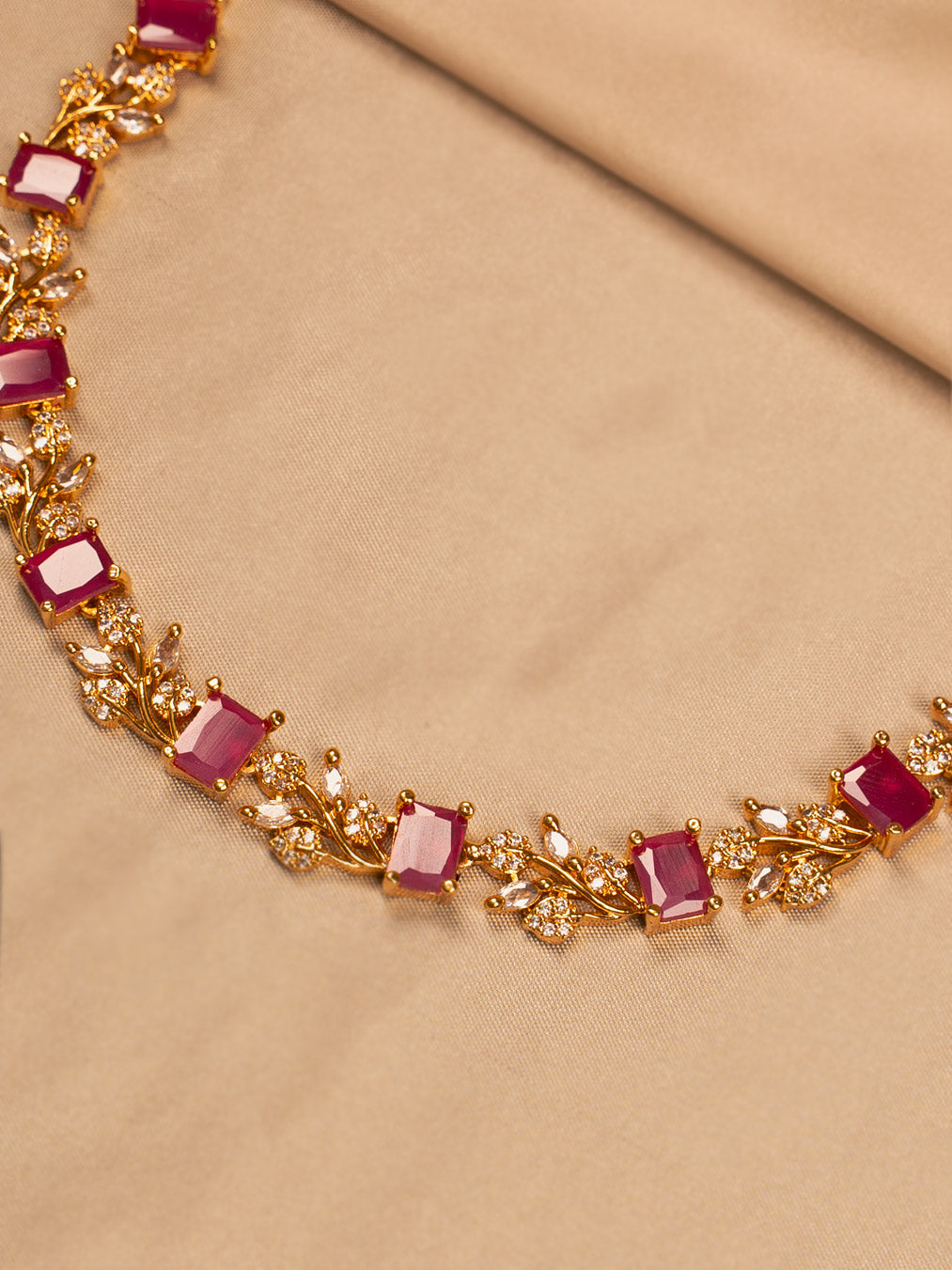 Ruby Red Stone Floral Necklace – Gold-Toned Elegance for Women