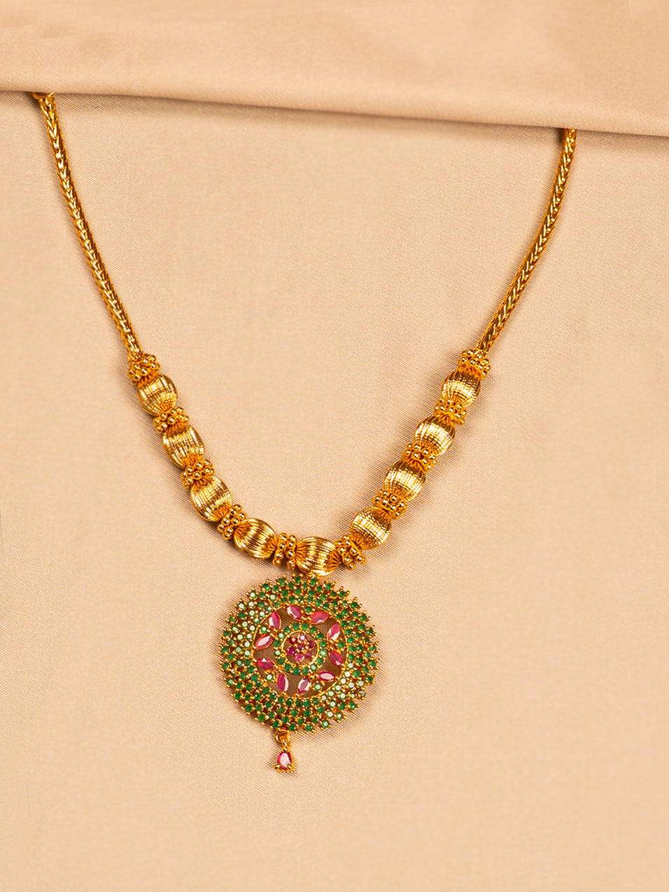 Gold Necklace with Green & Pink Stone Circular Pendant