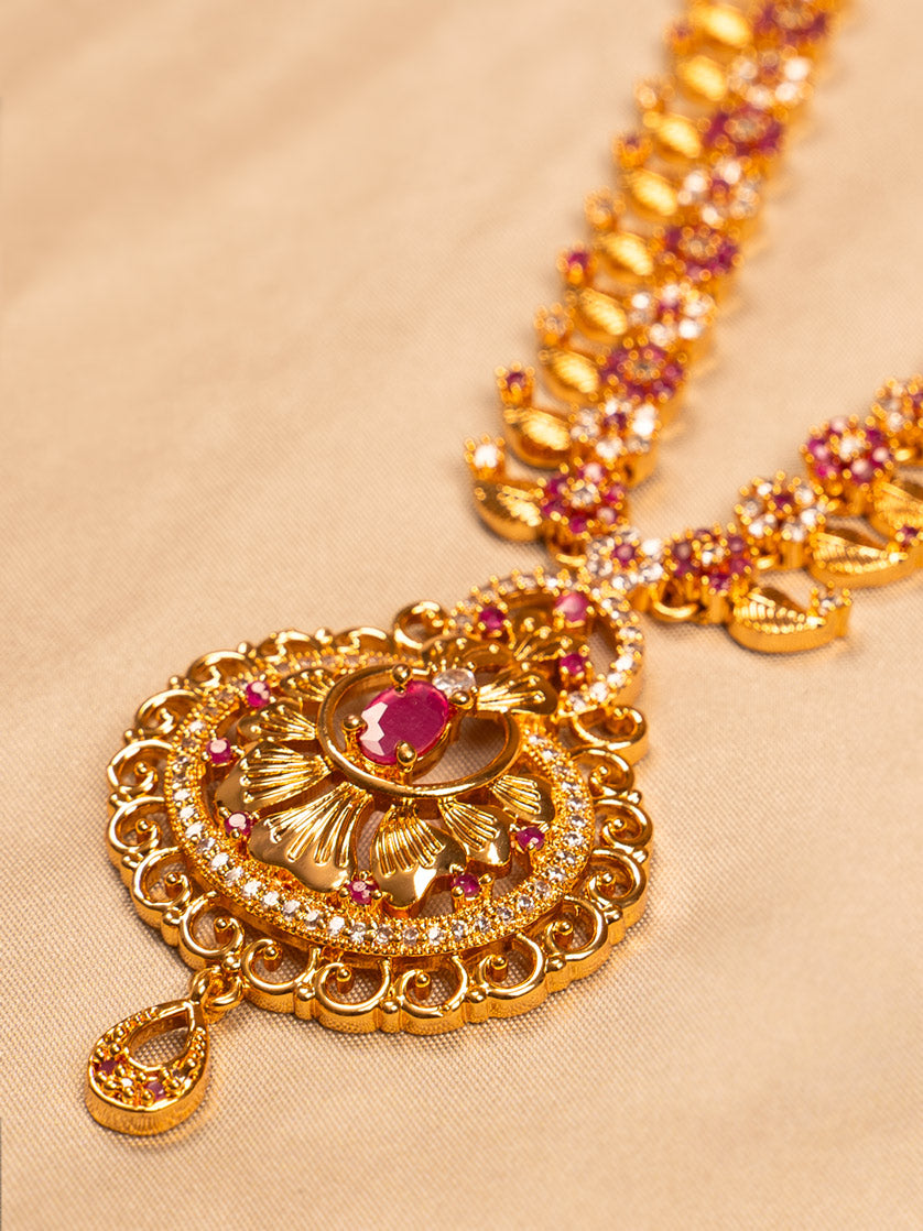 Floral Red Stone Temple Necklace – Antique Gold Plated