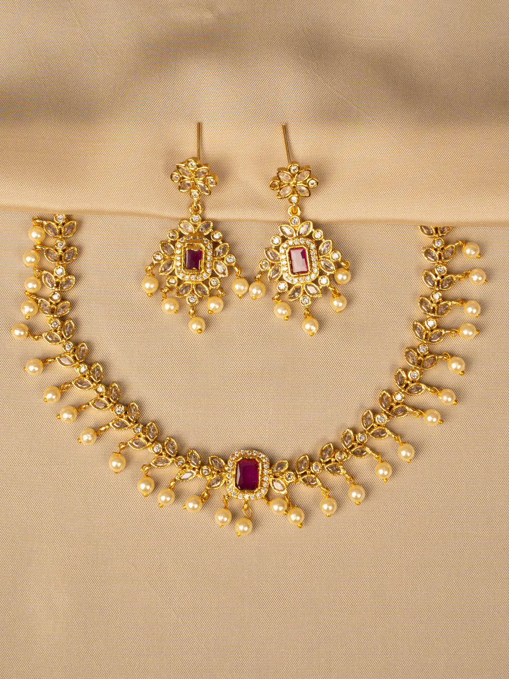 Ruby & White Beads Necklace Set – Timeless Elegance KC579