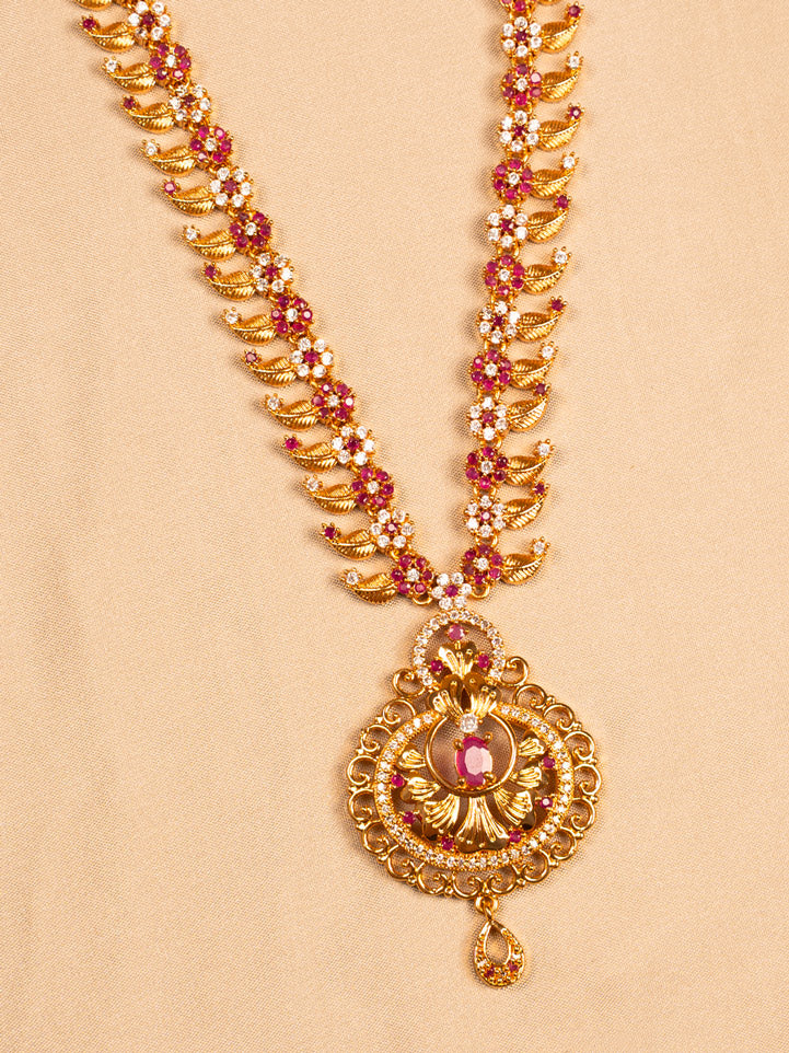 Floral Red Stone Temple Necklace – Antique Gold Plated