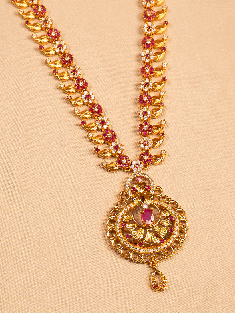 Floral Red Stone Temple Necklace – Antique Gold Plated
