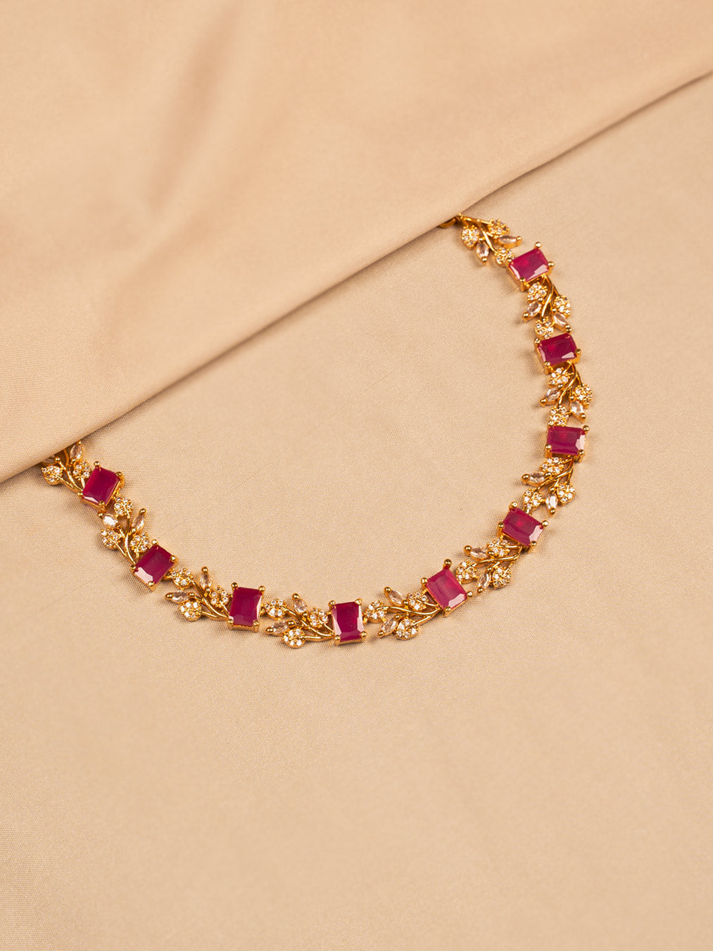 Ruby Red Stone Floral Necklace – Gold-Toned Elegance for Women