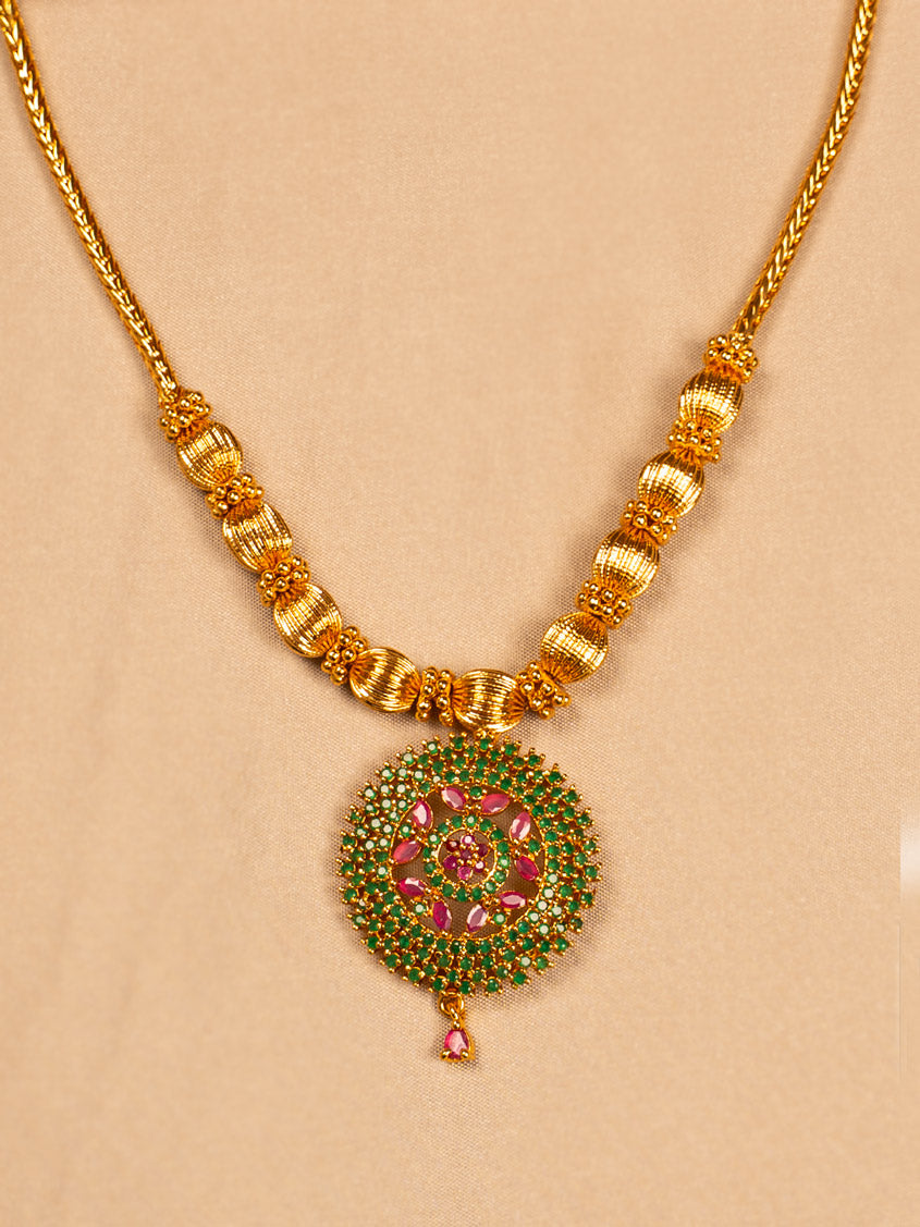 Gold Necklace with Green & Pink Stone Circular Pendant