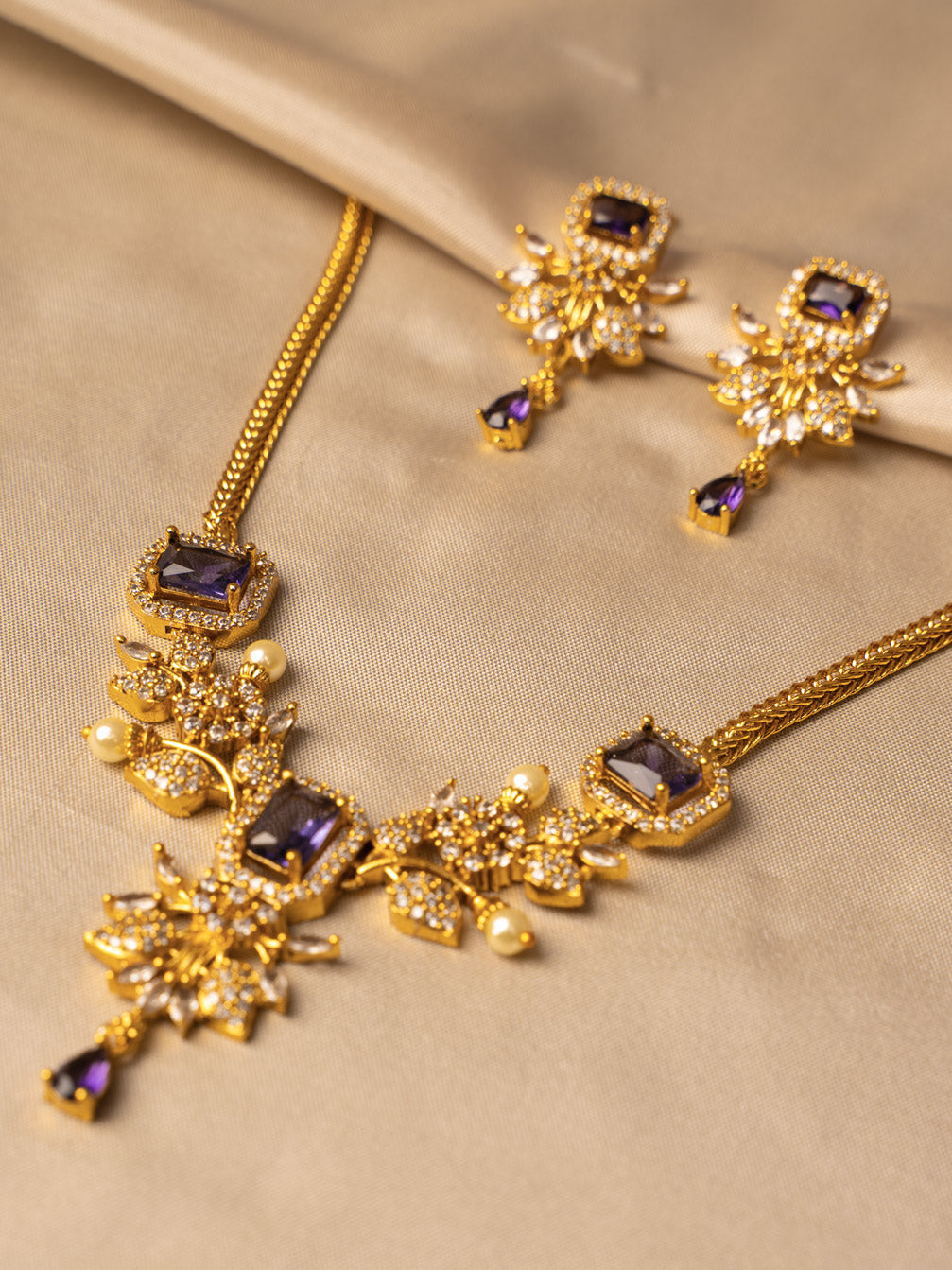 Purple and White Stone Necklace Set – Timeless & Graceful KC585