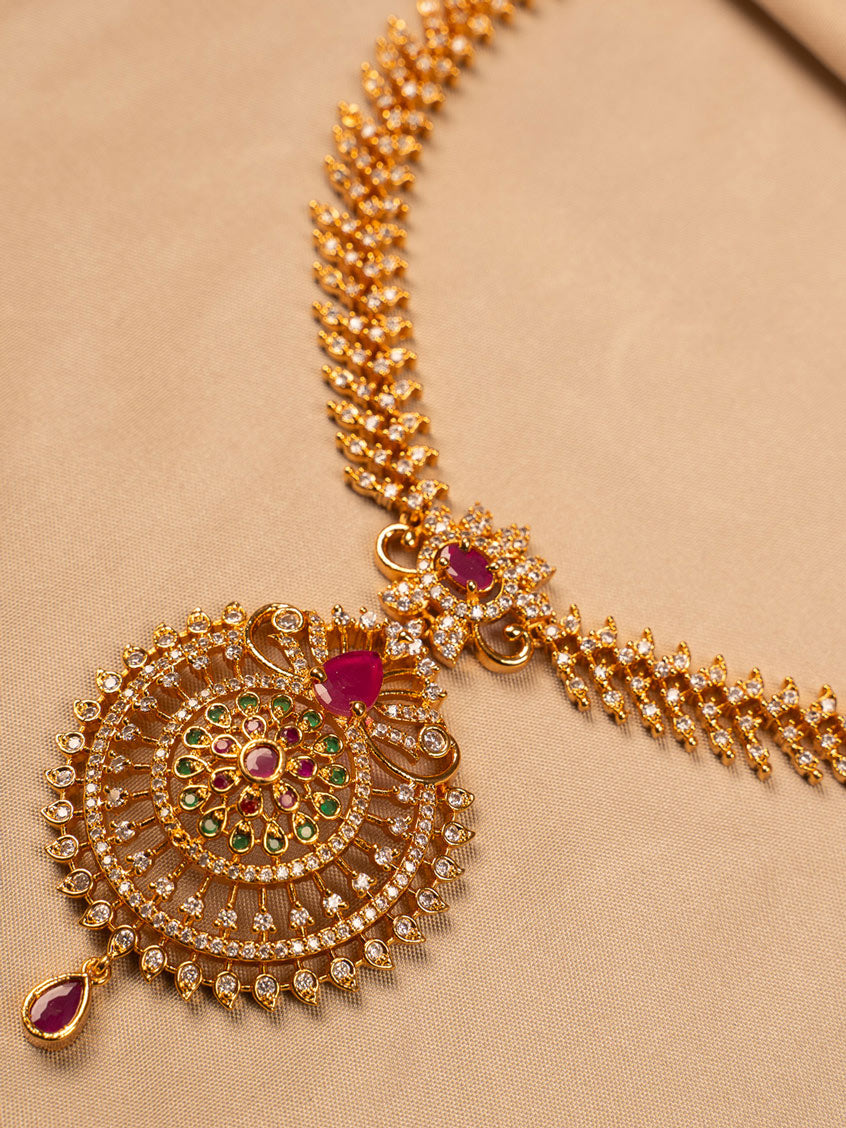 Bridal Temple Necklace with Ruby, Emerald & CZ Stones