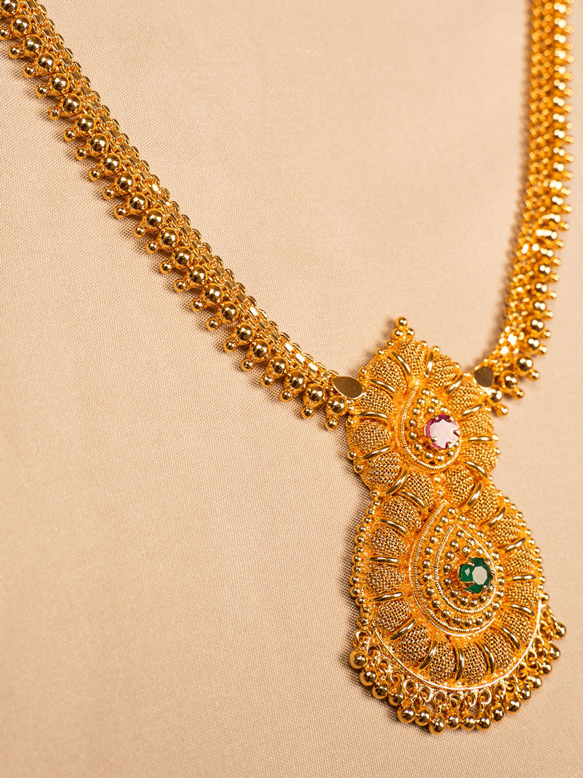 Traditional Gold Plated Pendant Necklace with Ruby & Emerald Touch