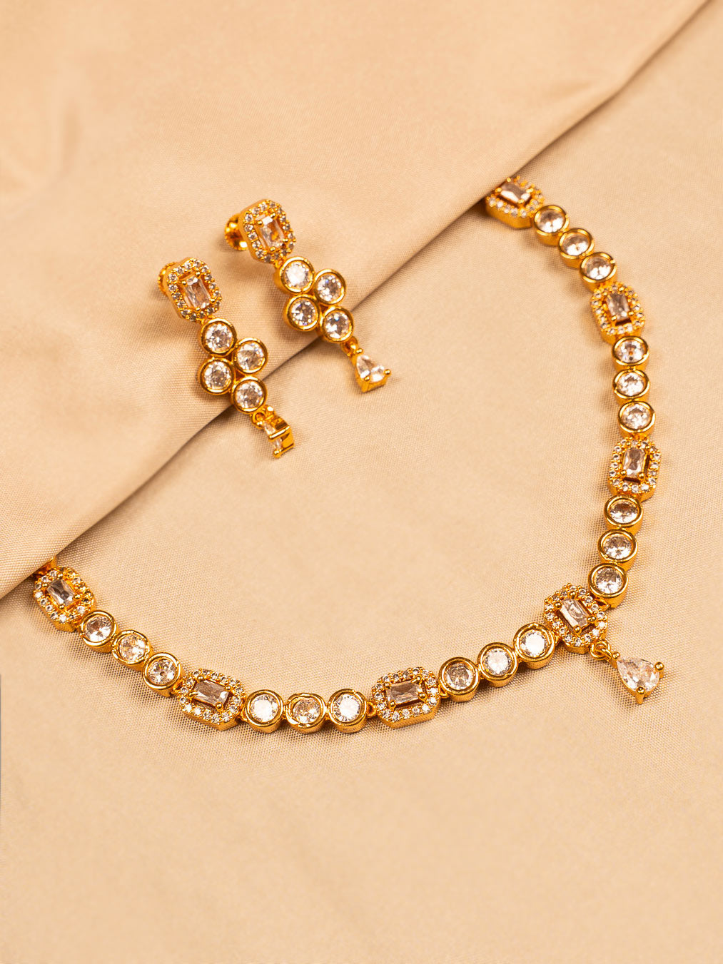 Elegant Gold-Toned Necklace Set with Clear White Stones and Earrings