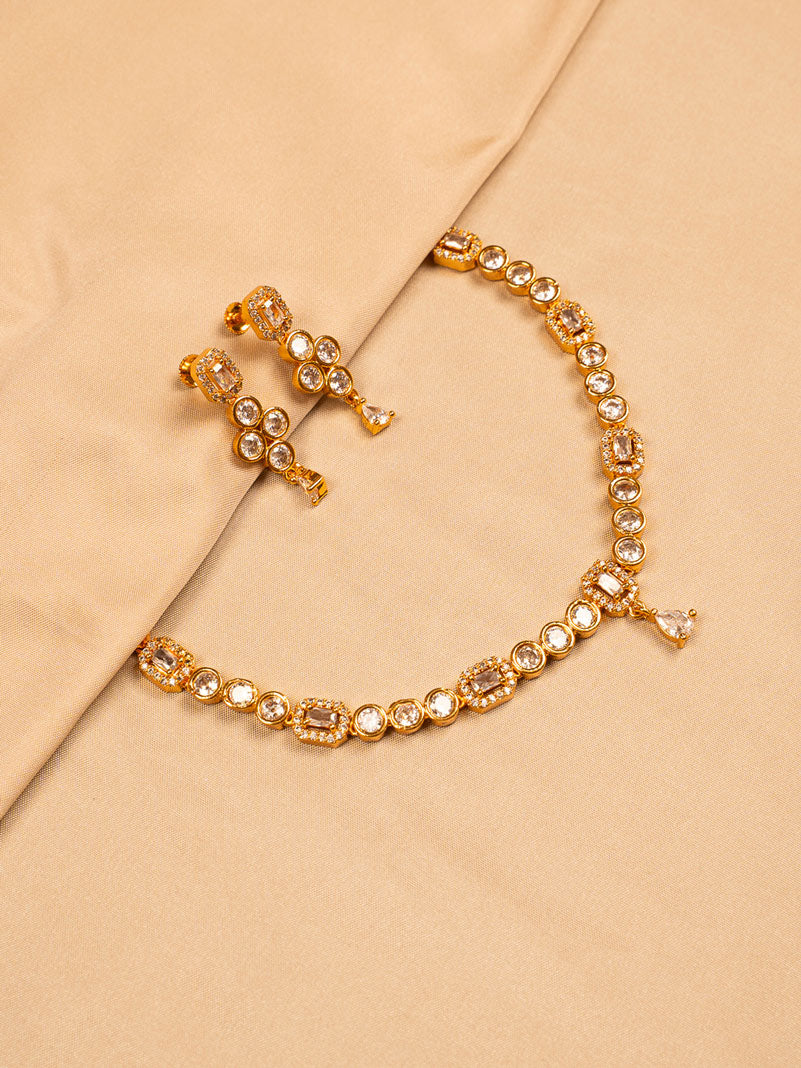 Elegant Gold-Toned Necklace Set with Clear White Stones and Earrings
