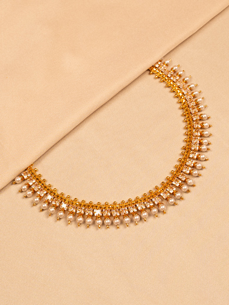 Pearl Drop Gold Choker Necklace with Crystal Accents – Traditional Indian Jewellery