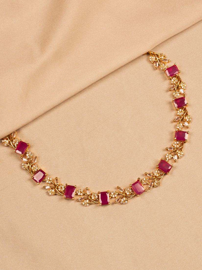 Ruby Red Stone Floral Necklace – Gold-Toned Elegance for Women