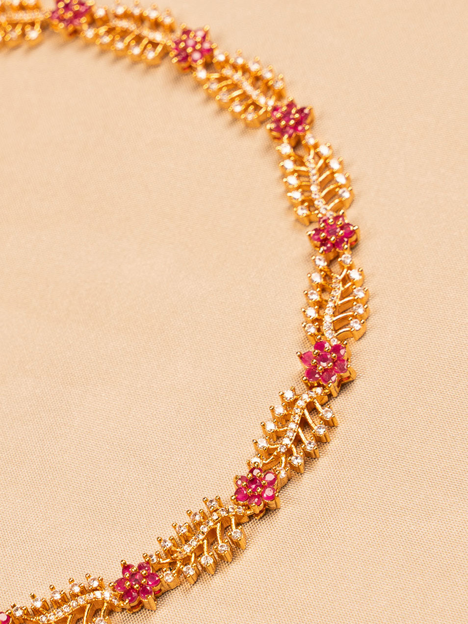 Leaf & Floral Choker Necklace with Red Stone Accents