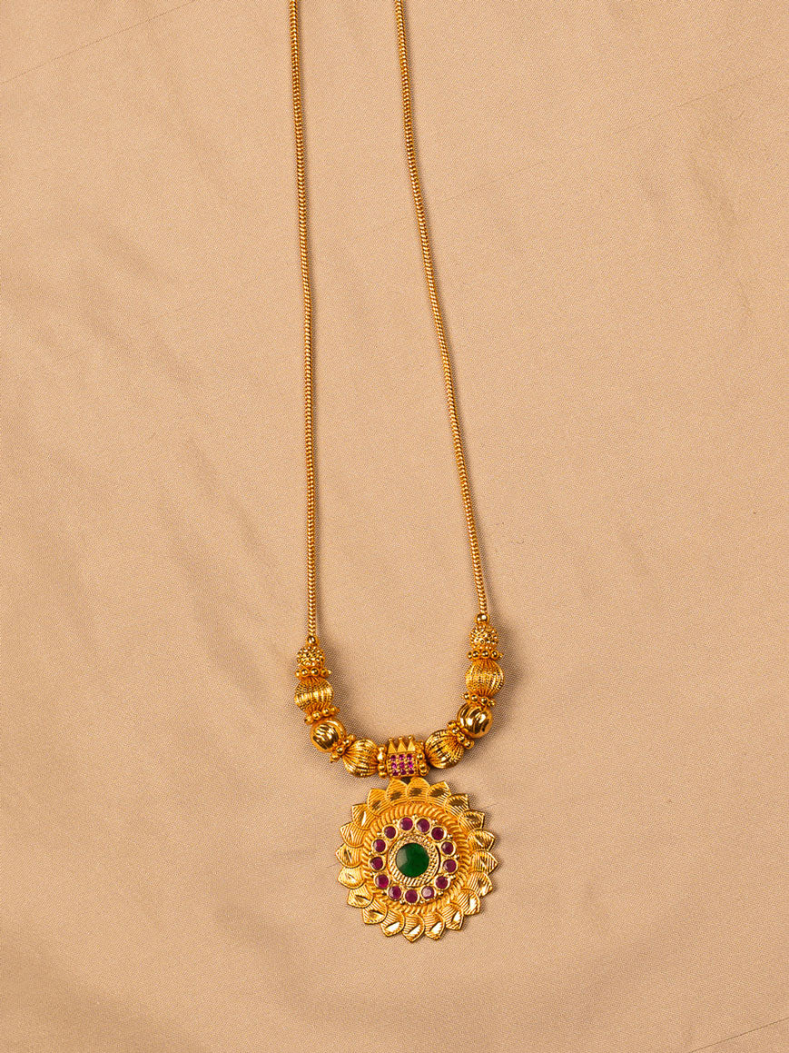 Traditional Palakka Gold Necklace with Green & Ruby Stones