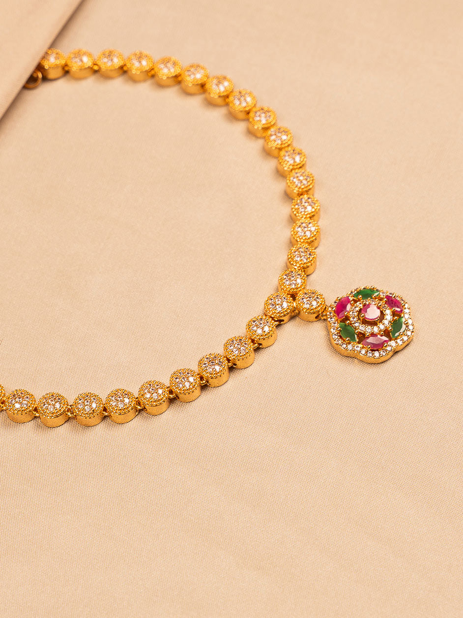 Elegant Gold-Plated Floral Necklace with Crystal and Ruby-Green Accents