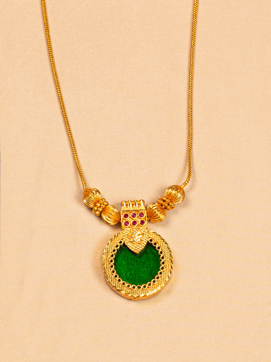 Traditional Gold Palakka Necklace with Green Enamel Pendant