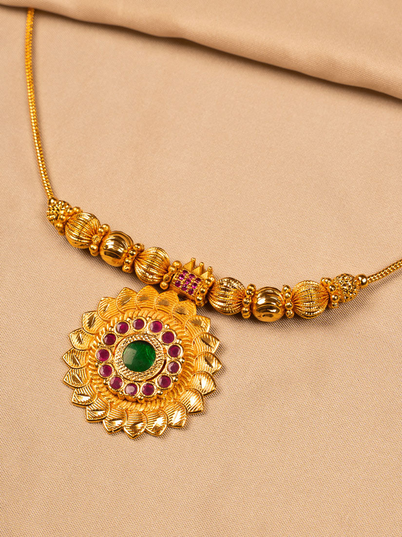 Traditional Palakka Gold Necklace with Green & Ruby Stones